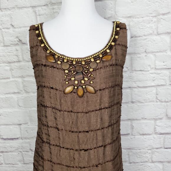 Eliza J Brown Silk Blended Dress Beaded Scoop Neck Back Zipper Size 8 - Picture 2 of 12